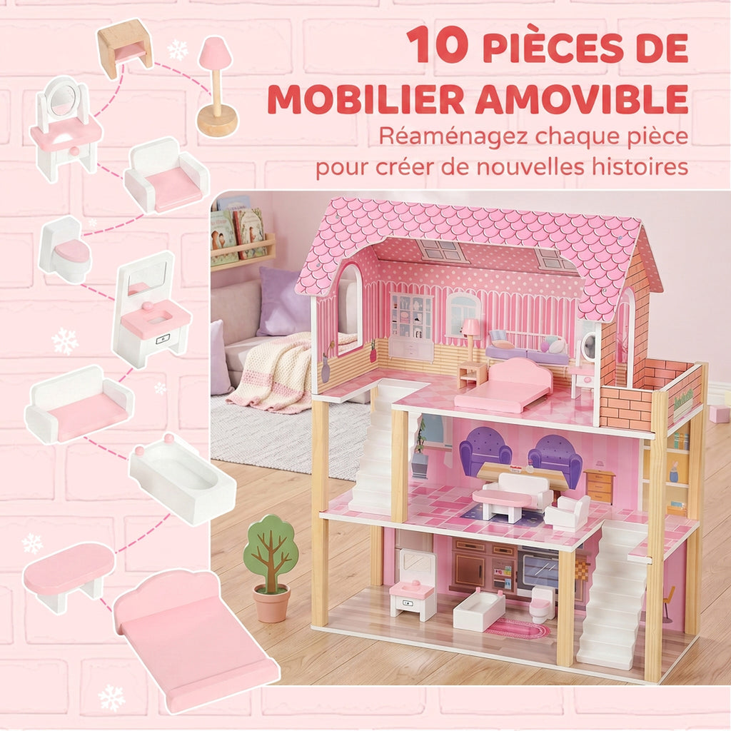 Maison de Poupée en Bois pour Enfants, Maison de Rêve Filles à 3 Étages avec Balcon, Escaliers et 10 Accessoires, Rose-4
