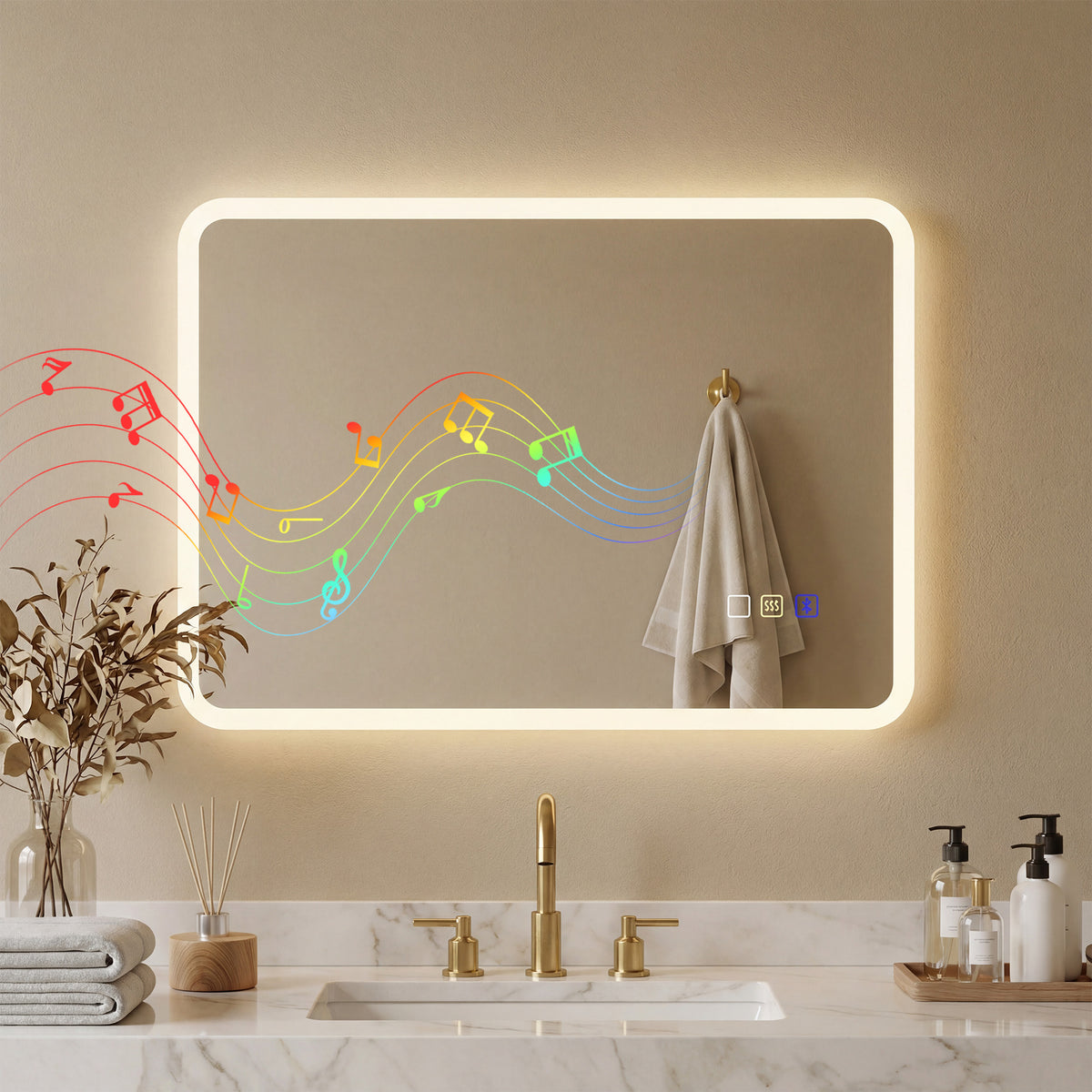 Miroir salle de bain LED bluetooth 50 x 70 cm interrupteur tactile lumière réglable 3 couleurs anti-buée mémoire argent-1