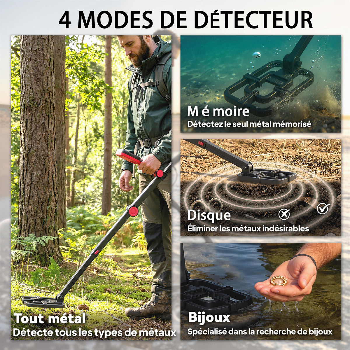 Détecteur de Métaux, Bobine Étanche IP68 avec Écran LCD, 4 Modes, Haute Précision Hauteur Réglable, 139x26x30cm, Noir-3