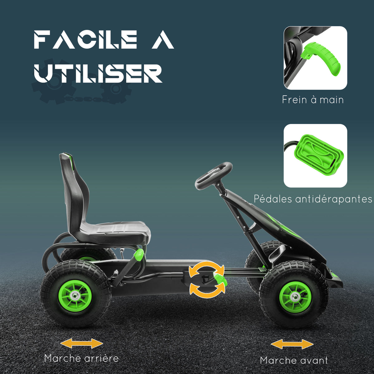 Kart à pédales pour enfant siège réglable 3 positions frein à main enfant de 5 à 12 ans vert noir-4