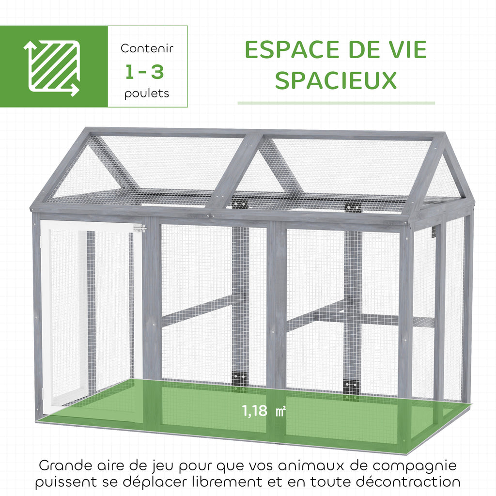 Enclos poulailler 1,18 m², parc grillagé avec porte verrouillables, cadre en bois massif, 140 x 88,5 x 106 cm, gris-3