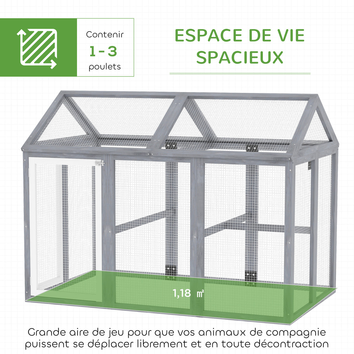 Enclos poulailler 1,18 m², parc grillagé avec porte verrouillables, cadre en bois massif, 140 x 88,5 x 106 cm, gris-3