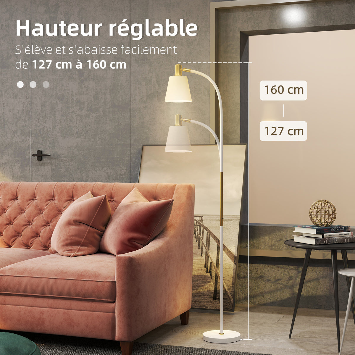 Lampadaire de salon réglable en hauteur 127-160 cm avec interrupteur, douille E27, blanc-4