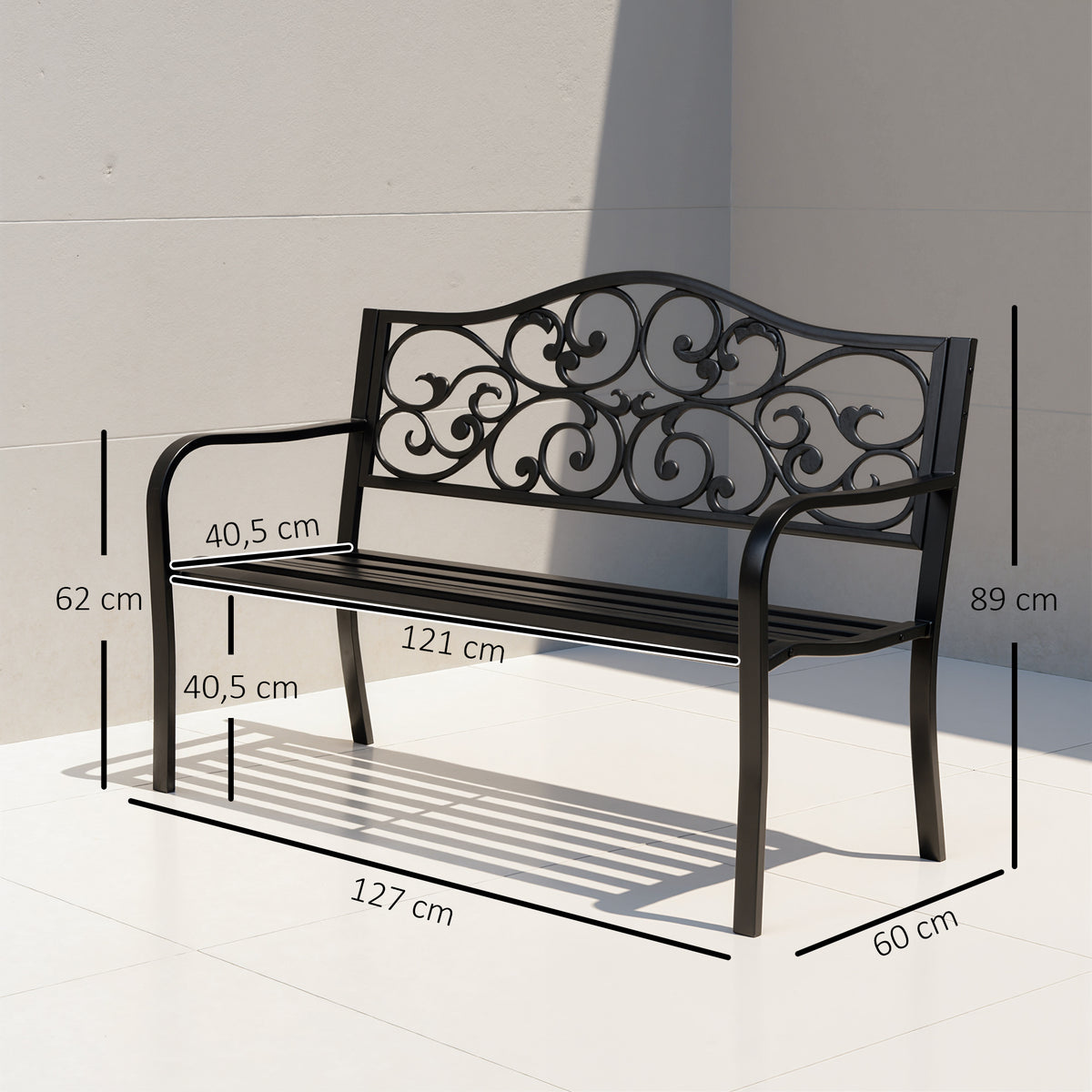 Banc de jardin 3 places terrasse Style Cosy Chic 127L x 60l x 85H cm métal époxy anticorrosion Noir-2