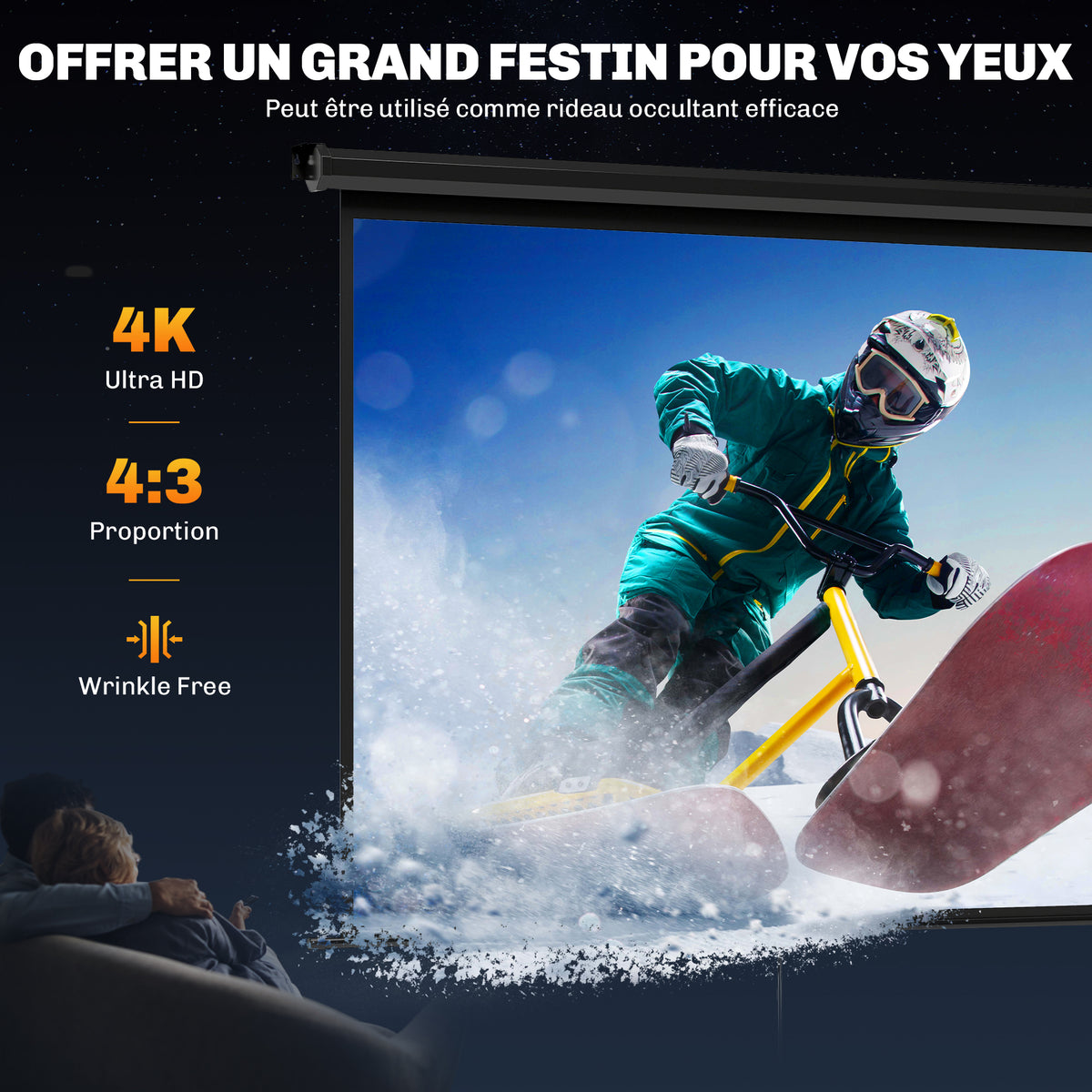 Écran de projection de 84 pouces, écran vidéoprojecteur, 4:3 4K HD, fixation mur ou plafond, 181l x 8P x 138H cm, noir-3