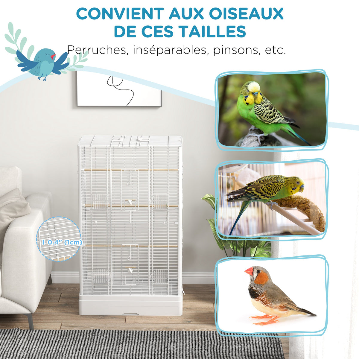 Cage à oiseaux volière avec portes perchoirs cage pour canaris perruches perroquets 61 x 36,5 x 98 cm blanc-5
