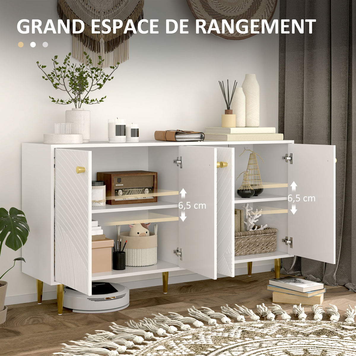 Buffet salon meuble de rangement avec étagères réglables, placards à portes, 140 x 35 x 77,5 cm, blanc-3