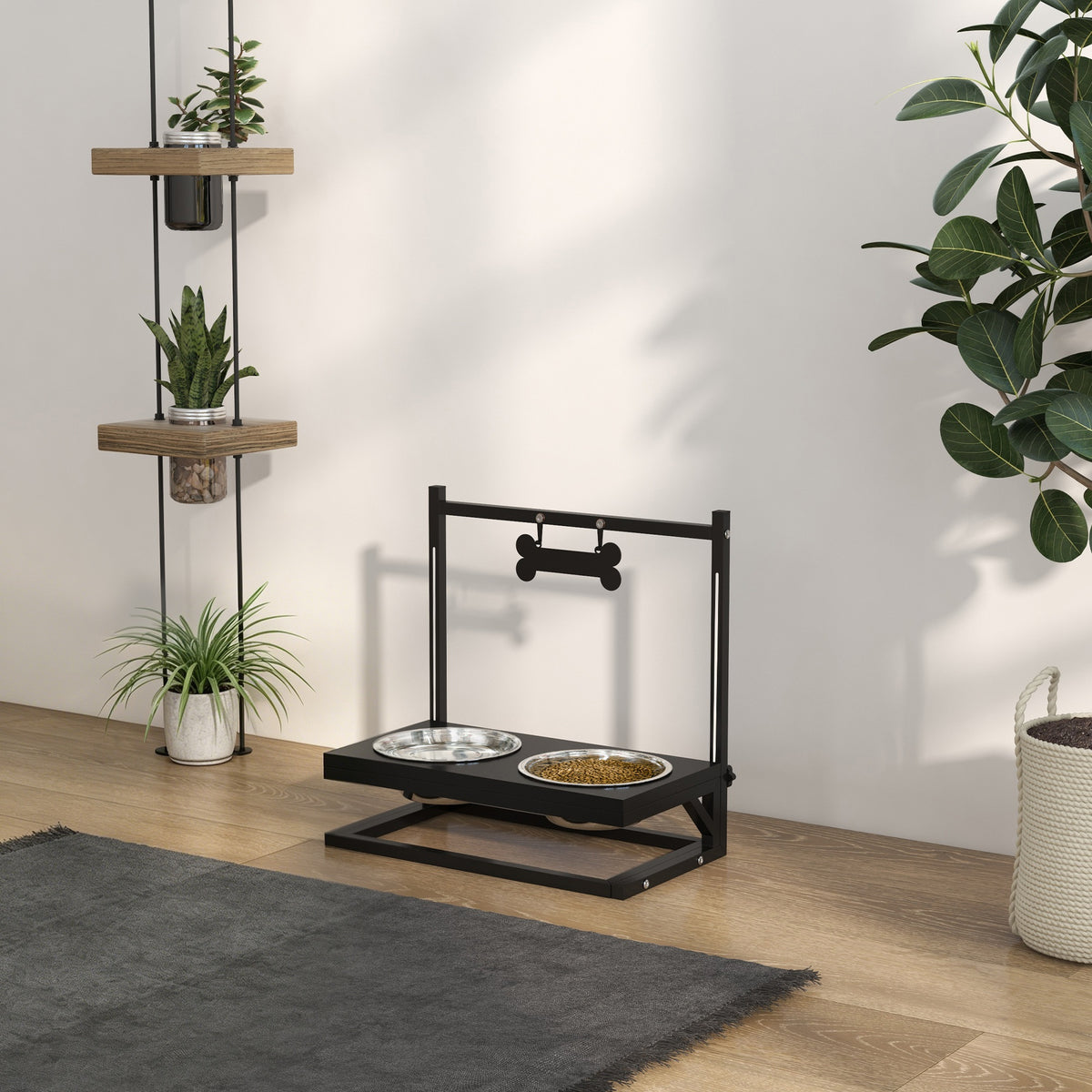 Gamelles surrélevées chien avec support réglable en hauteur de 11 à 33 cm 2 bols en acier inoxydables amovibles noir-1