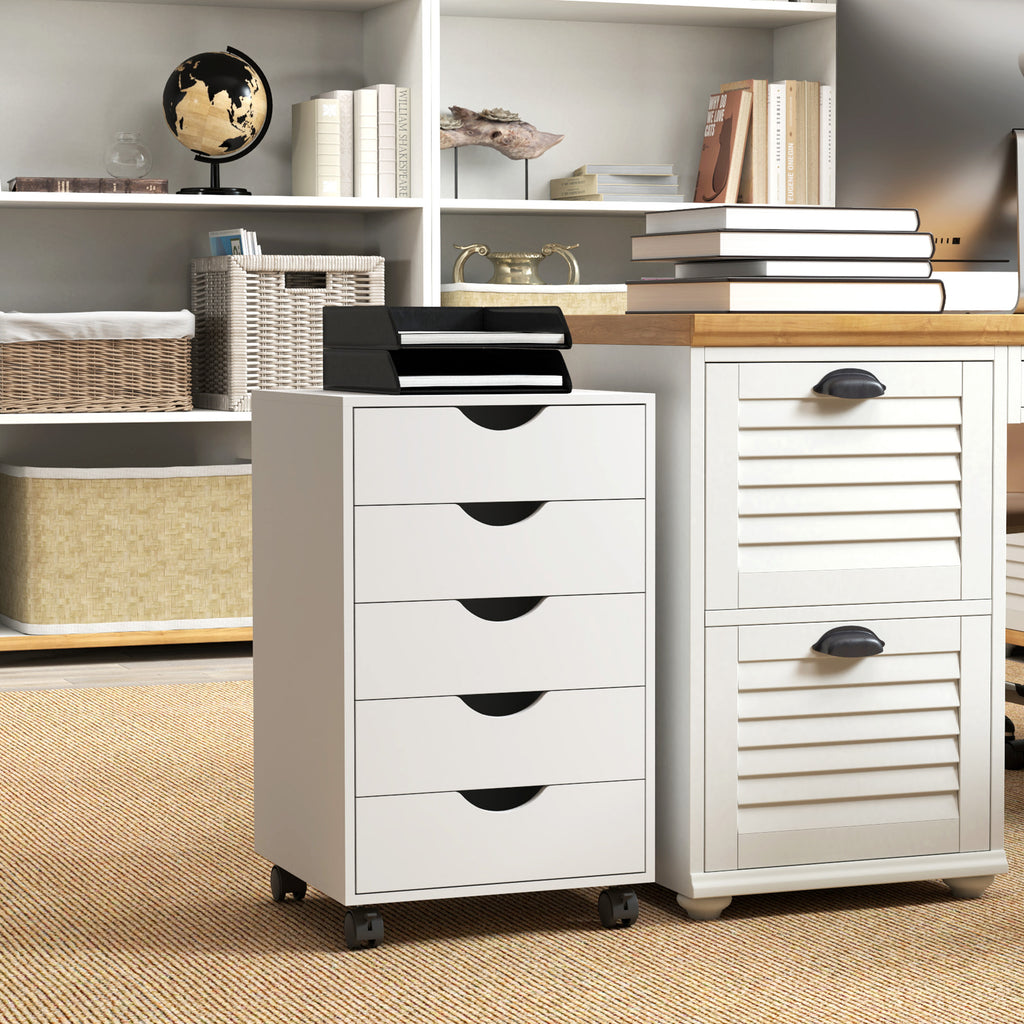 Caisson bureau mobile, meuble rangement sur roulettes avec 5 tiroirs, bois, 40 x 40 x 67 cm, blanc-6