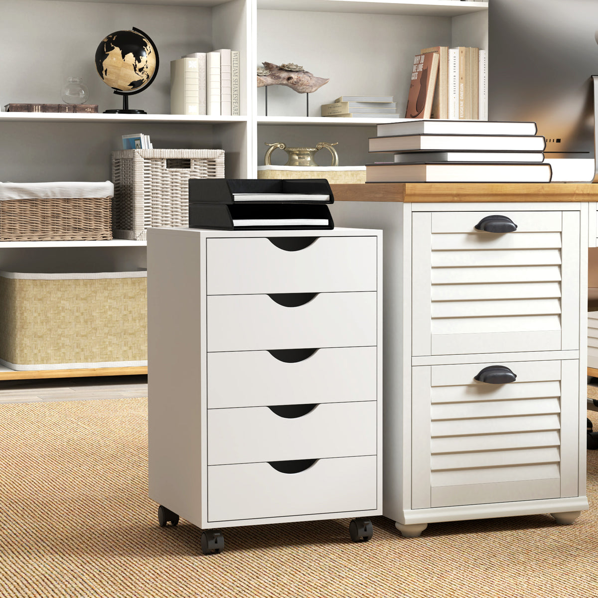 Caisson bureau mobile, meuble rangement sur roulettes avec 5 tiroirs, bois, 40 x 40 x 67 cm, blanc-6
