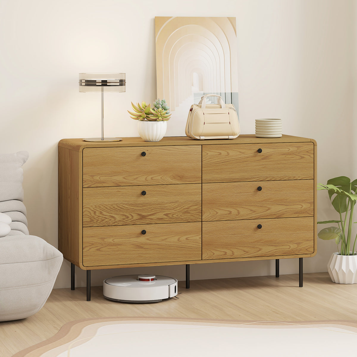 Commode 6 tiroirs meuble de rangement style moderne coins arrondis et pieds en acier 120 x 40 x 75cm effet bois de chêne-1