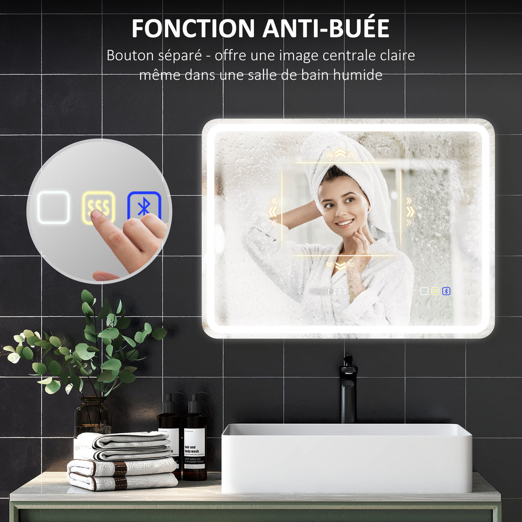 Miroir salle de bain Bluetooth avec éclairage LED 60 x 80 cm, miroir lumineux mural avec horloge, antibuée, argenté-6