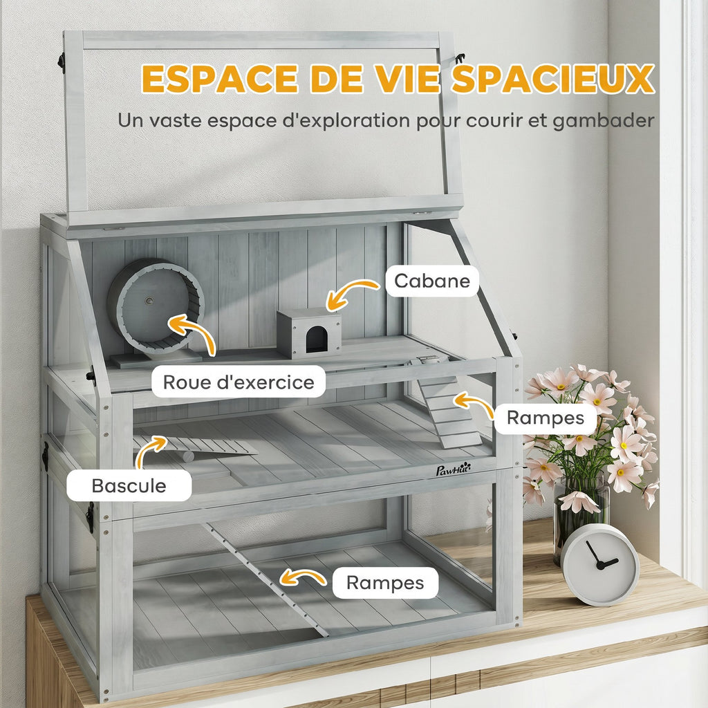 Cage Hamster Rongeur à 3 Niveaux, Base Amovible Profonde, Cabane, Balançoire, 80x50x76cm Gris Clair-3