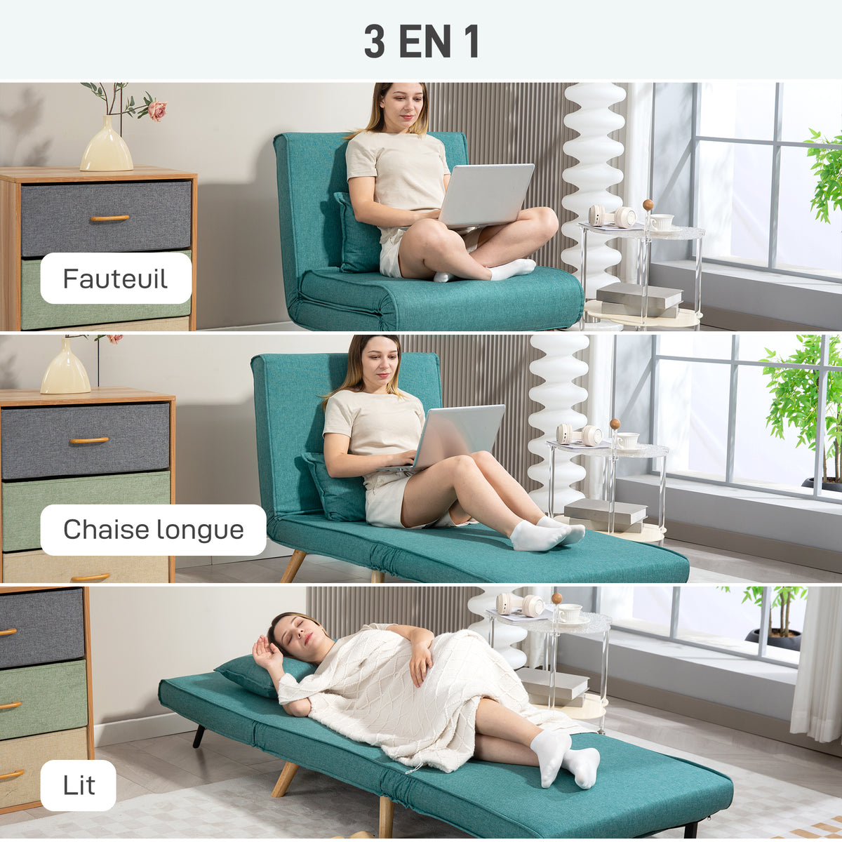 Fauteuil convertible 1 place canapé-lit clic-clac 3 en 1 avec dossier réglable en 5 positions, oreiller inclus, vert-3