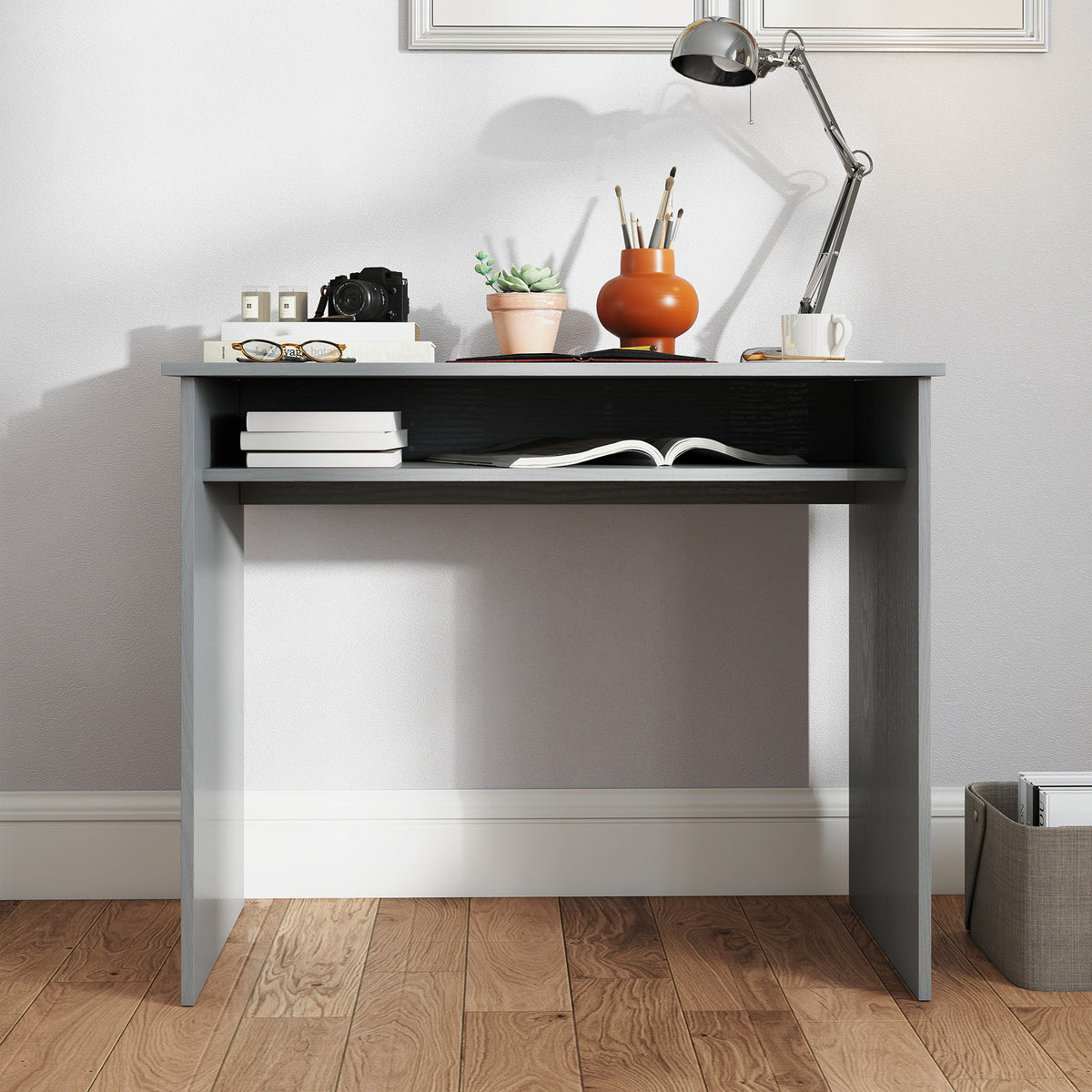 Bureau informatique sobre épuré compact avec 1 étagère, panneaux de particules, dim. 90l x 50P x 74H cm, gris-7