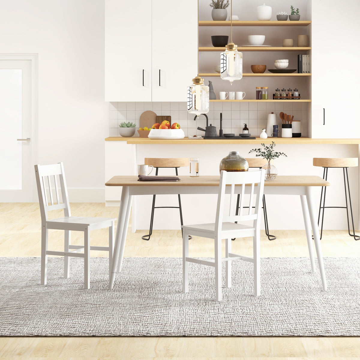 Lot de 2 chaises de salle à manger en bois massif chaise de cuisine dossier lattes esprit campagne blanc-1