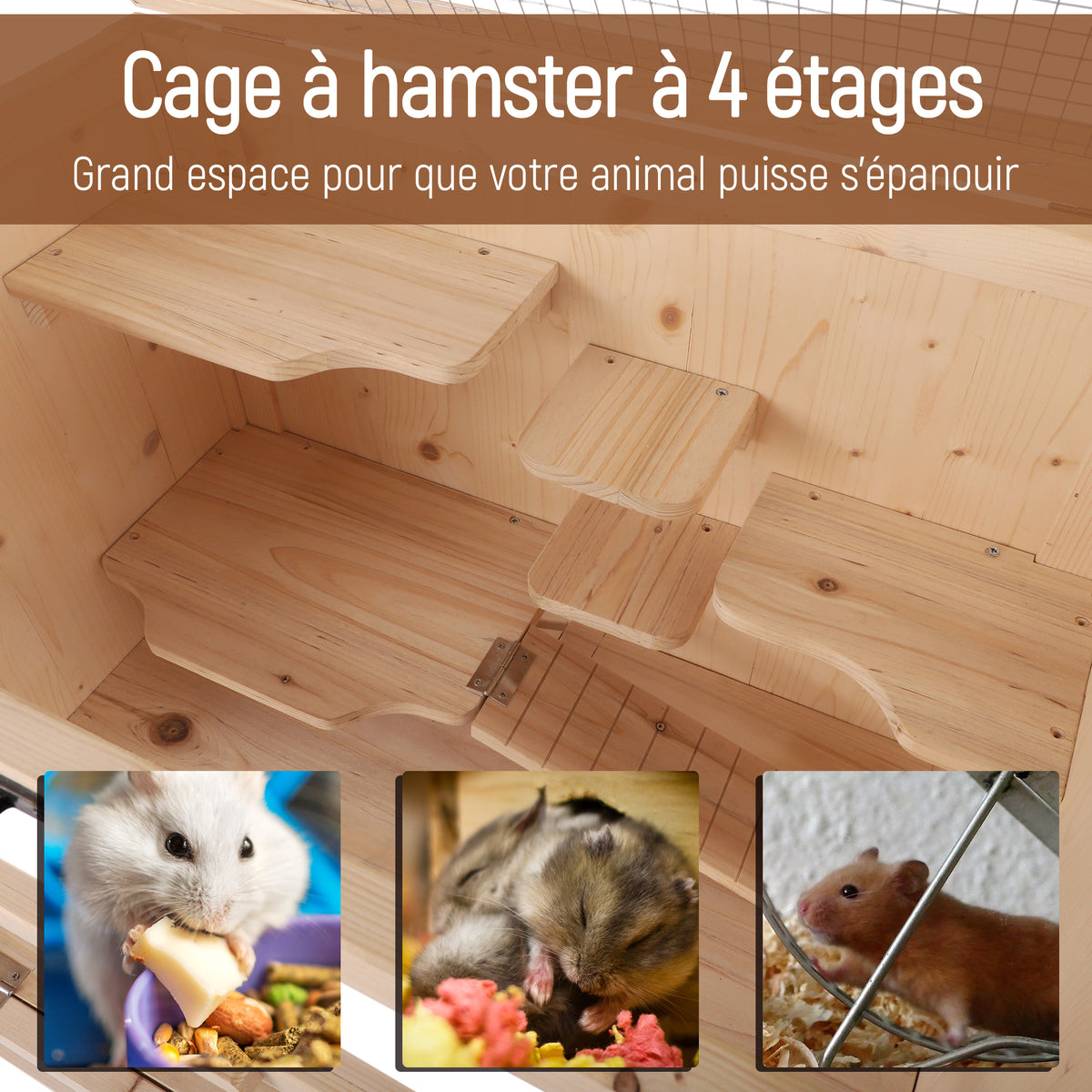 Cage pour hamsters souris petits rongeurs multi-niveaux 5 étages 10 plateformes bois de pin 60 x 40 x 120 cm-3