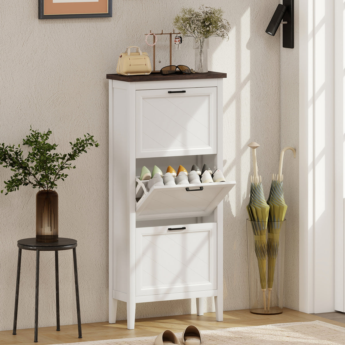 Meuble à chaussures 18 paires, armoire à chaussures étroite avec 3 tiroirs rabattables et étagères réglables, blanc-9