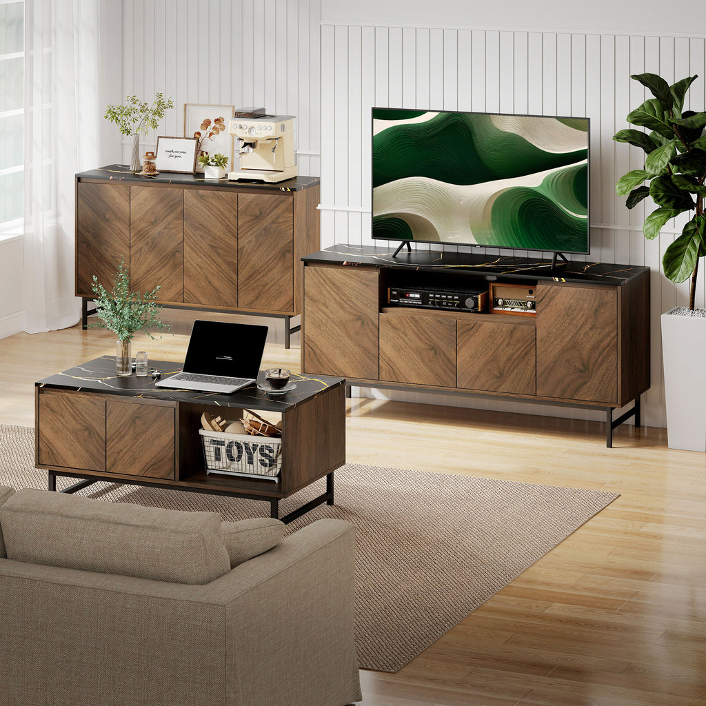 Table basse, table de salon, plateau effet marbre, 2 portes et 2 niches ouvertes, 100 x 50,8 x 45,7 cm, noyer-8