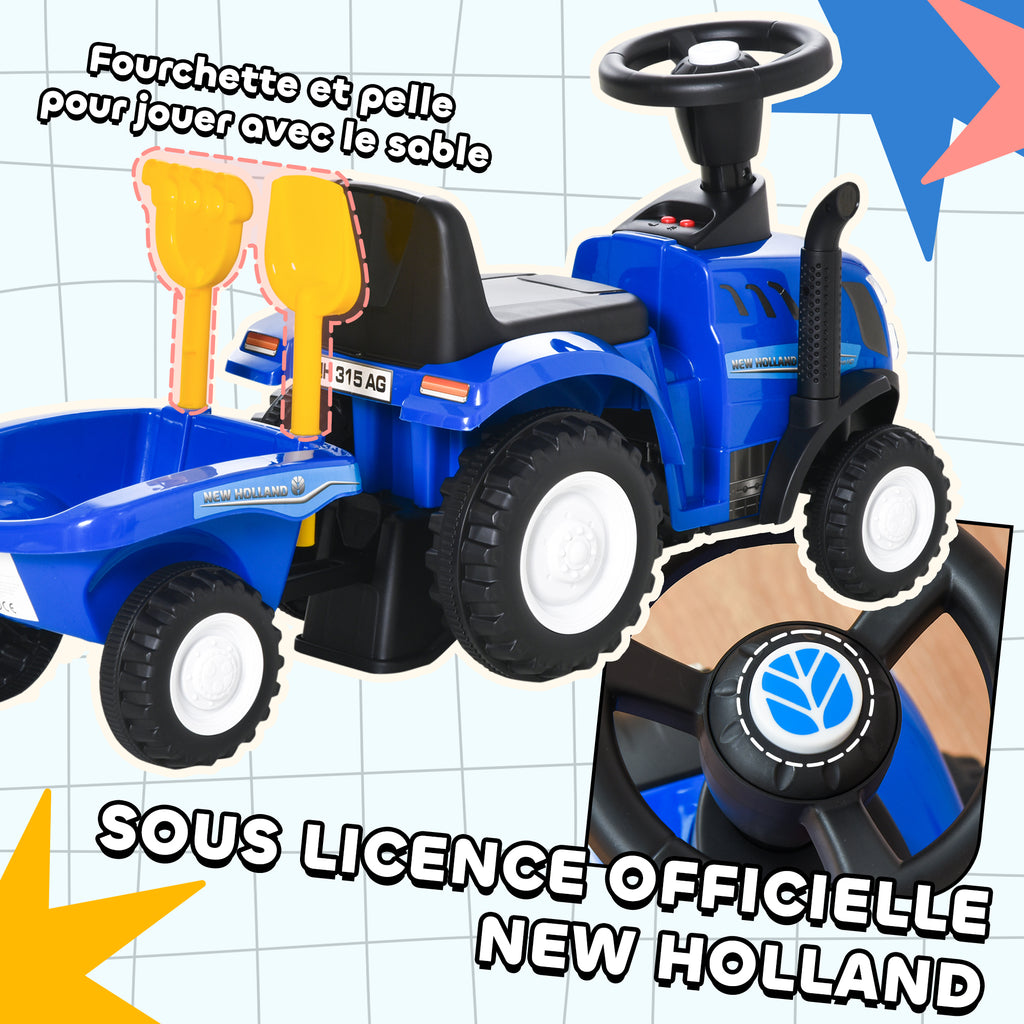 Porteur tracteur enfants avec coffre amovible, râteau et pelle, voiture enfants avec lumière LED et klaxon, bleu-3