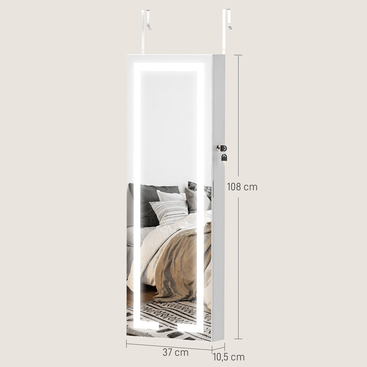 Armoire à bijoux avec LED, organisateur de bijoux mural/de porte verrouillable avec miroir, 37 x 10,5 x 108 cm, blanc-2