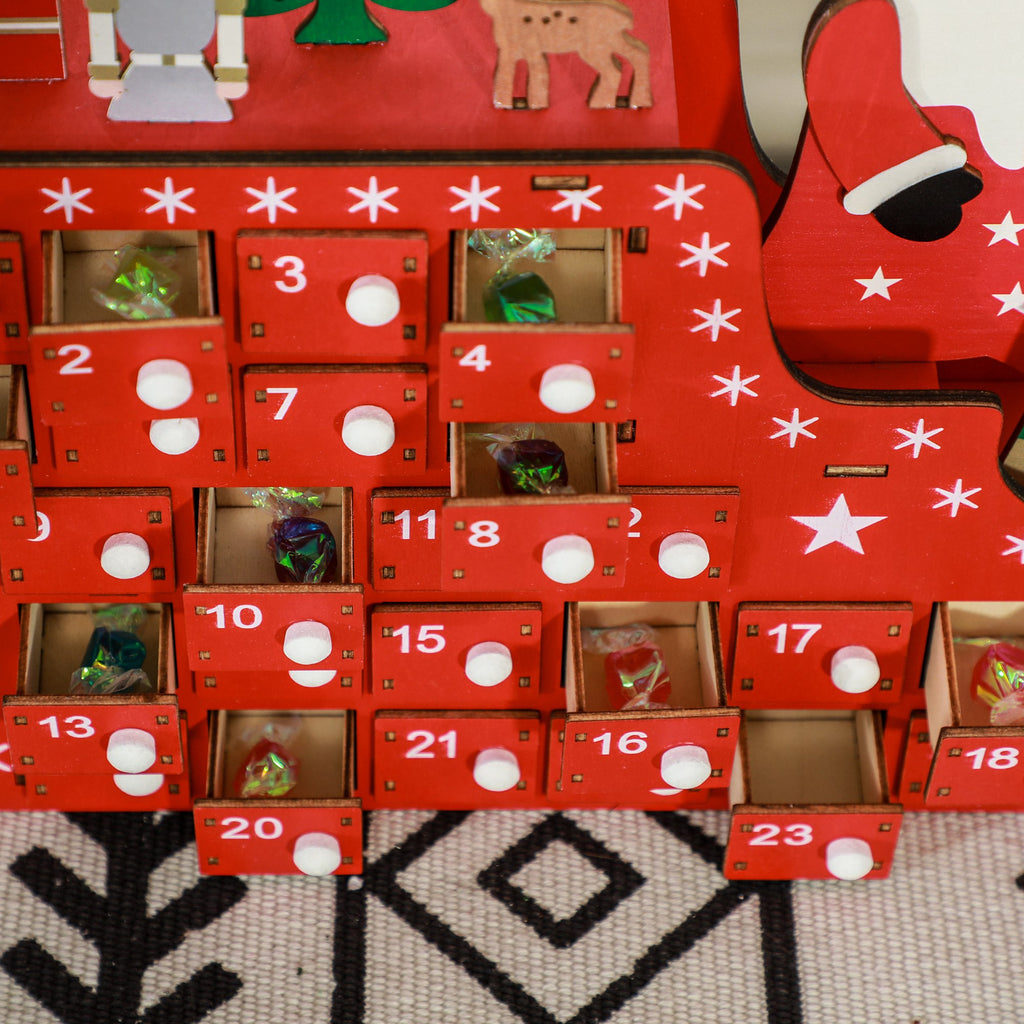 Calendrier de l'Avent à remplir en bois, décoration de Noël avec 24 tiroirs, Père Noël et traîneau, 22,5x8x36cm, rouge-8