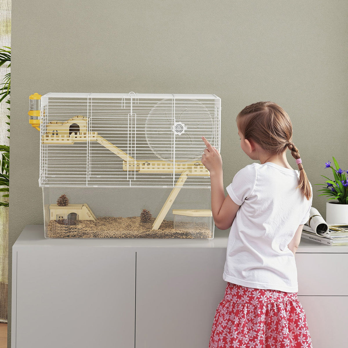Cage à hamster à 3 niveaux, cage rongeur avec roue d'exercice, plateau profond transparent, 59 x 35,5 x 47 cm, blanc-7