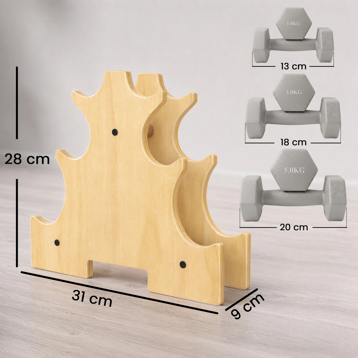 Lot de 3 Paires d'Haltères Hexagonaux Antidérapants 18 kg en Fonte, Revêtement PVC, avec Support en Bois, Gris Clair-2