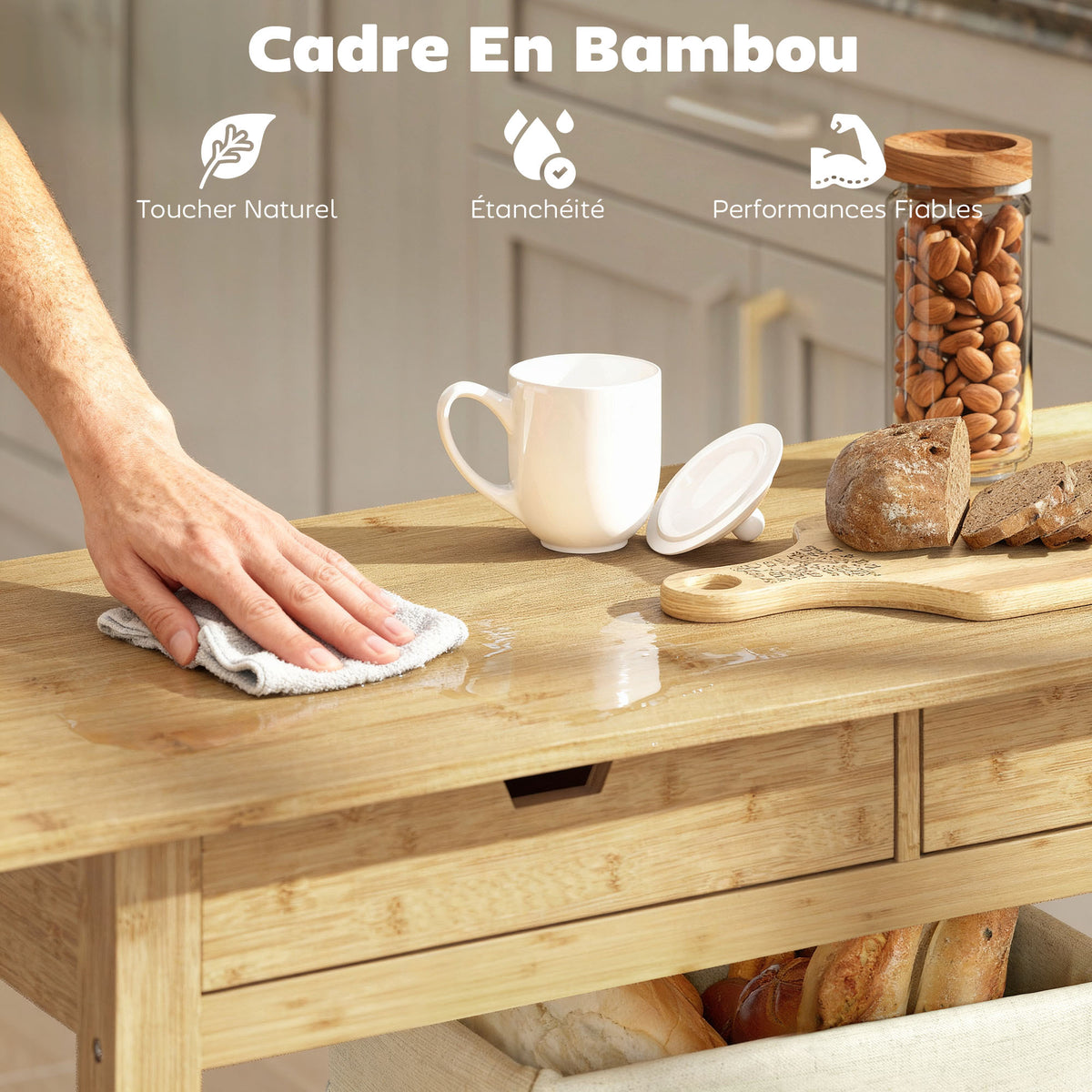 Desserte de cuisine à roulettes en bambou, chariot de cuisine avec 2 tiroirs, 2 étagères, 100 x 43 x 75 cm, bois naturel-4