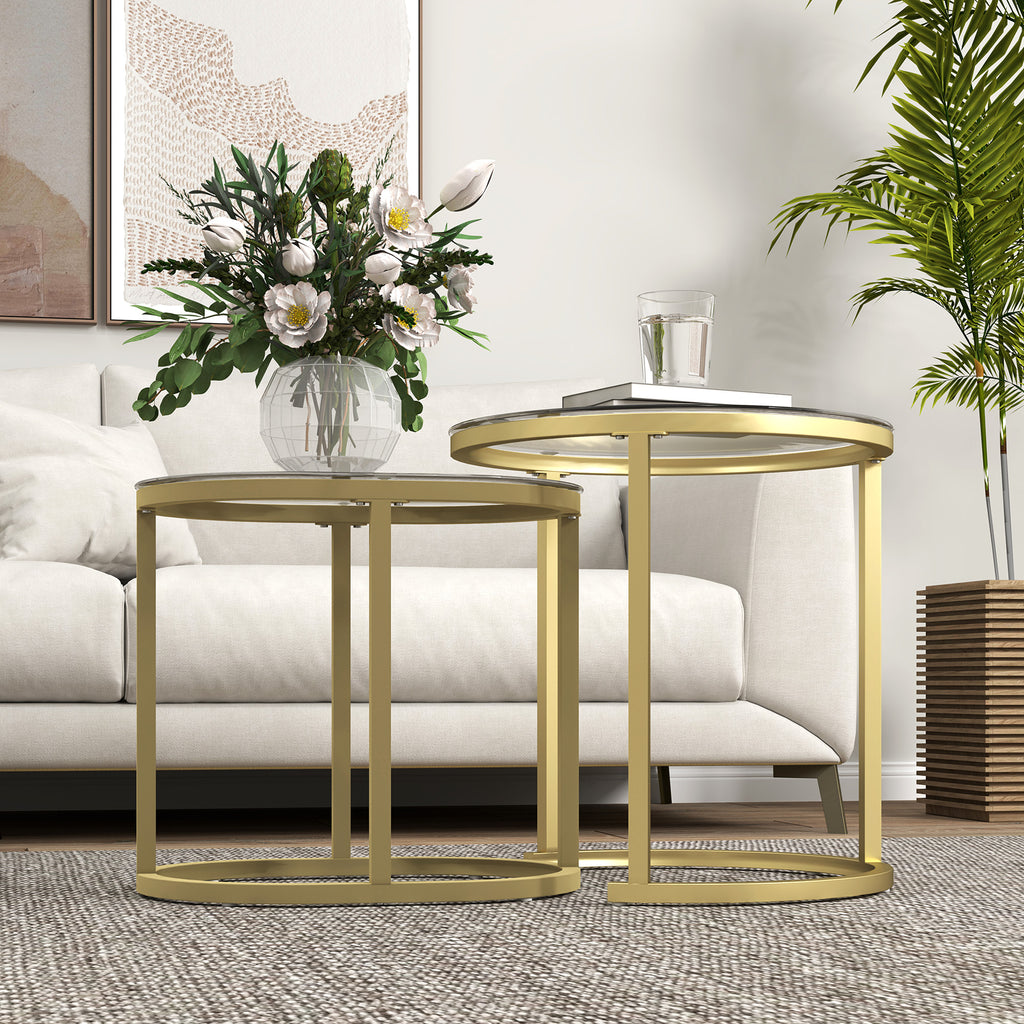 Lot de 2 tables basses tables d'appoint gigognes encastrables structure en acier et plateau verre trempé transparent or-7