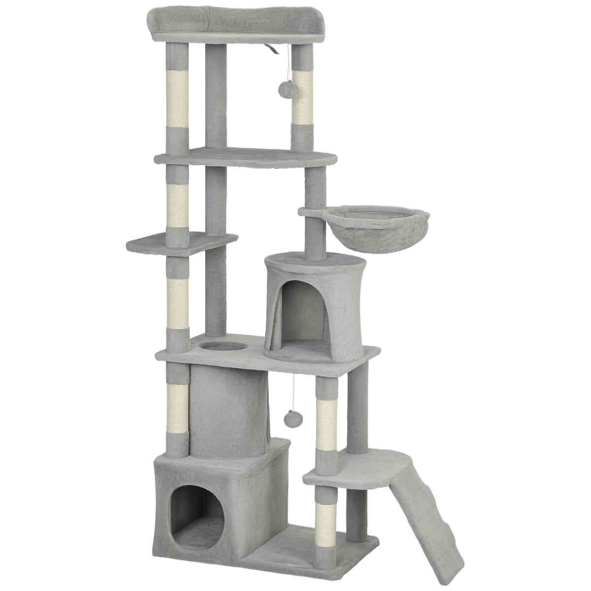 Arbre à chat tour de jeux 7 poteaux à griffer 3 platesformes 2 niches tunnel hamac et 2 pompons 170 cm gris foncé-0