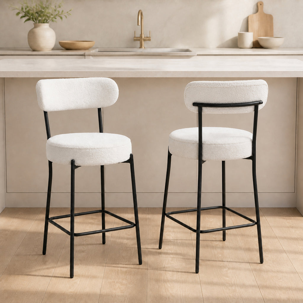 Lot de 2 tabourets de bar en tissu bouclette, chaises de bar avec dossier courbé, repose-pieds, 49x52x95cm, crème-1