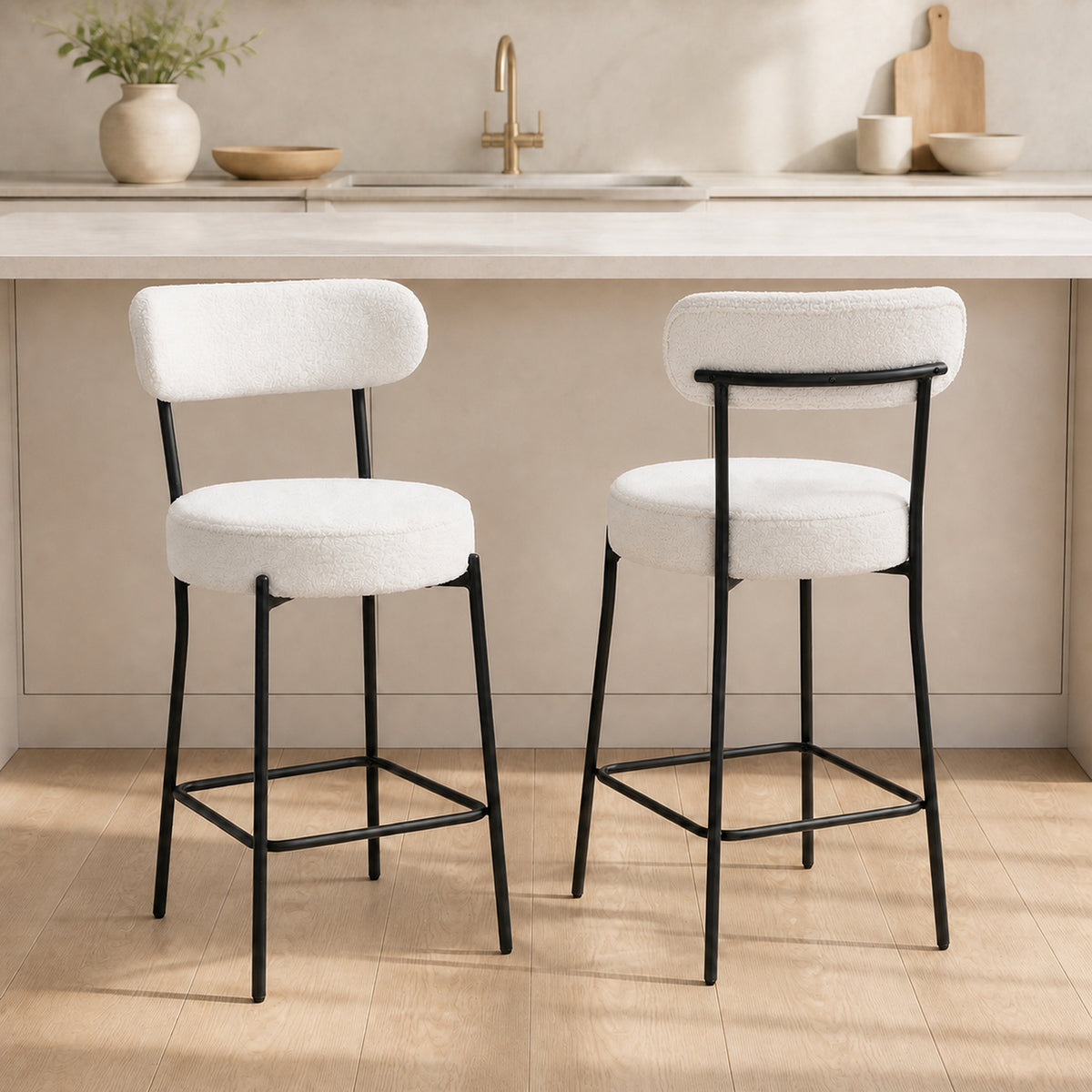 Lot de 2 tabourets de bar en tissu bouclette, chaises de bar avec dossier courbé, repose-pieds, 49x52x95cm, crème-1