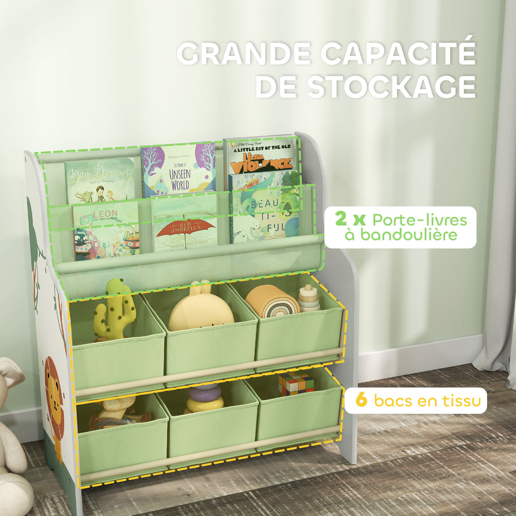 Meuble rangement enfant, rangement jouet enfant, 6 tiroirs en tissu et étagère à deux niveaux, 63x30x71cm, vert-3
