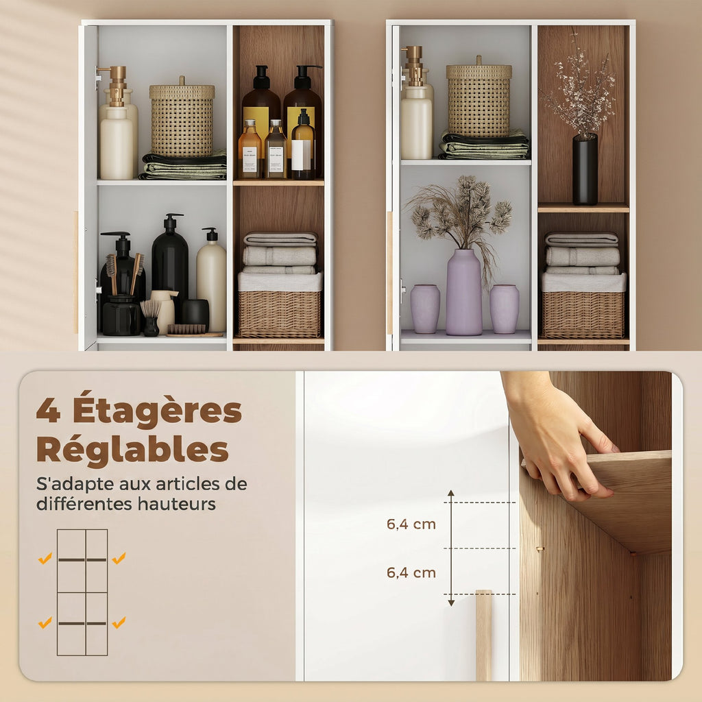 Meuble de Salle de Bain, Meuble de Rangement, 2 Portes, 4 Compartiments Ouverts et Étagères Réglables, Blanc et Naturel-4