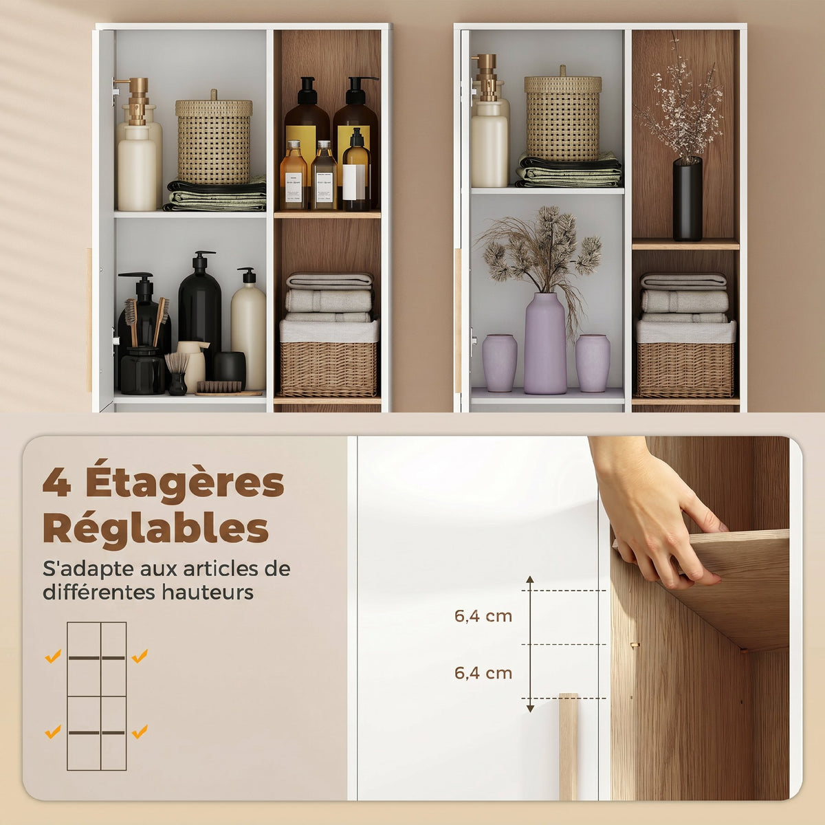 Meuble de Salle de Bain, Meuble de Rangement, 2 Portes, 4 Compartiments Ouverts et Étagères Réglables, Blanc et Naturel-4