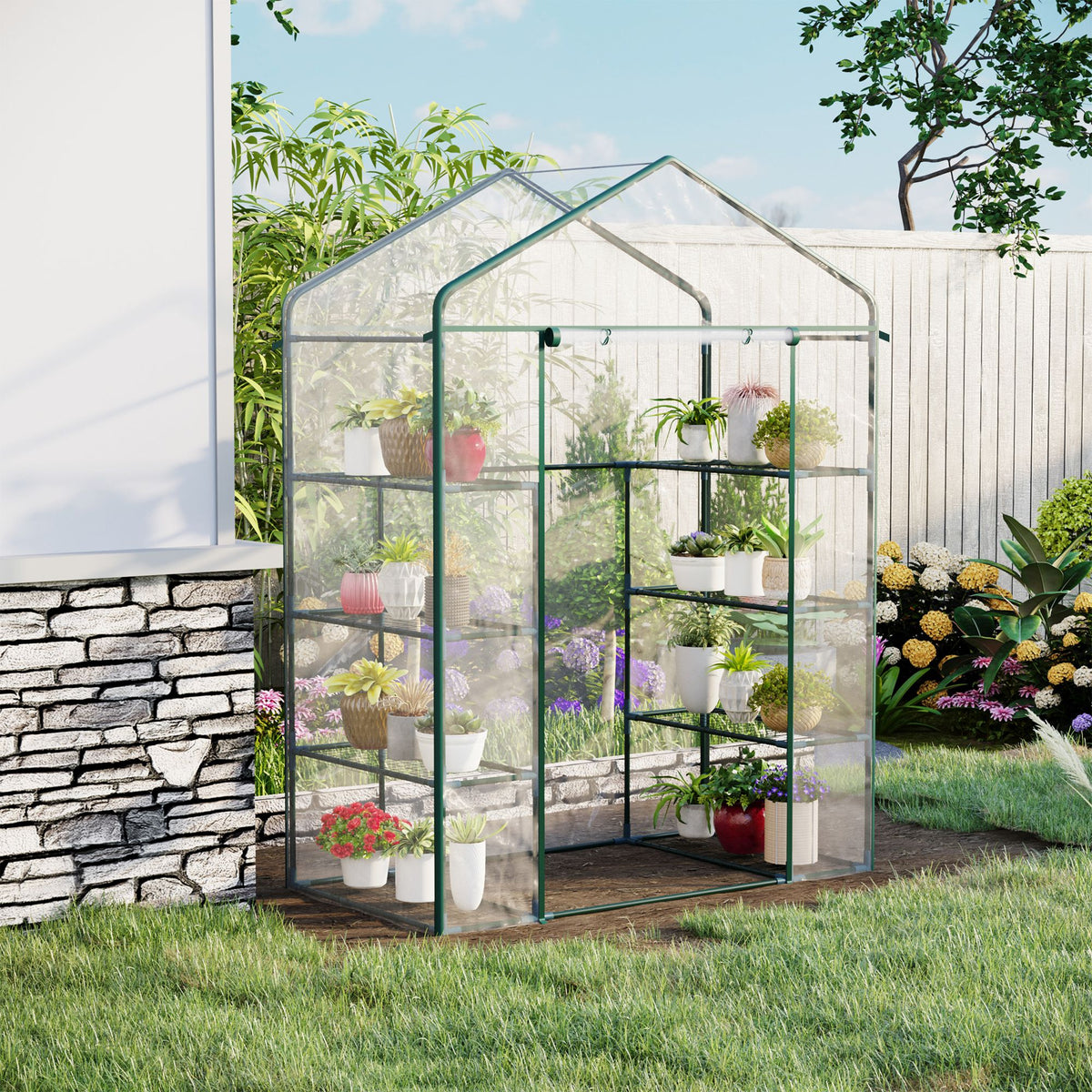 Serre de jardin 8 étagères bâche transparente PVC porte enroulable 143 x 73 x 195 cm - transparent-1