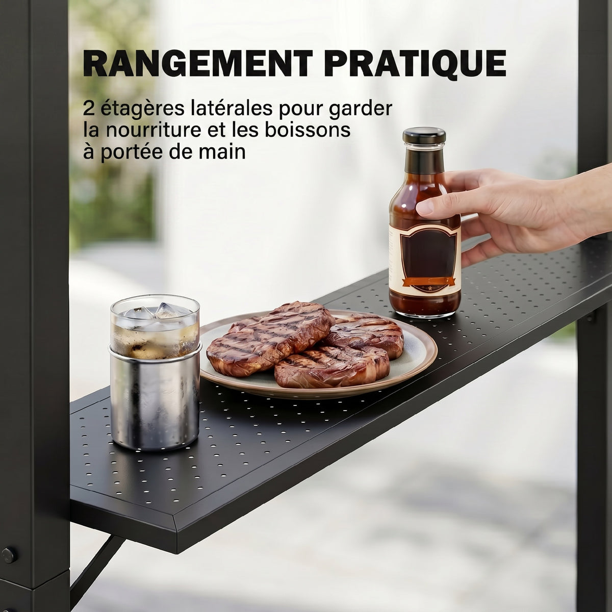 Tonnelle de Barbecue Extérieur Abri, 2 Étagères Latérales, Toit en Polycarbonate, 246 x 149 x 230 cm, Aluminium, Noir-4
