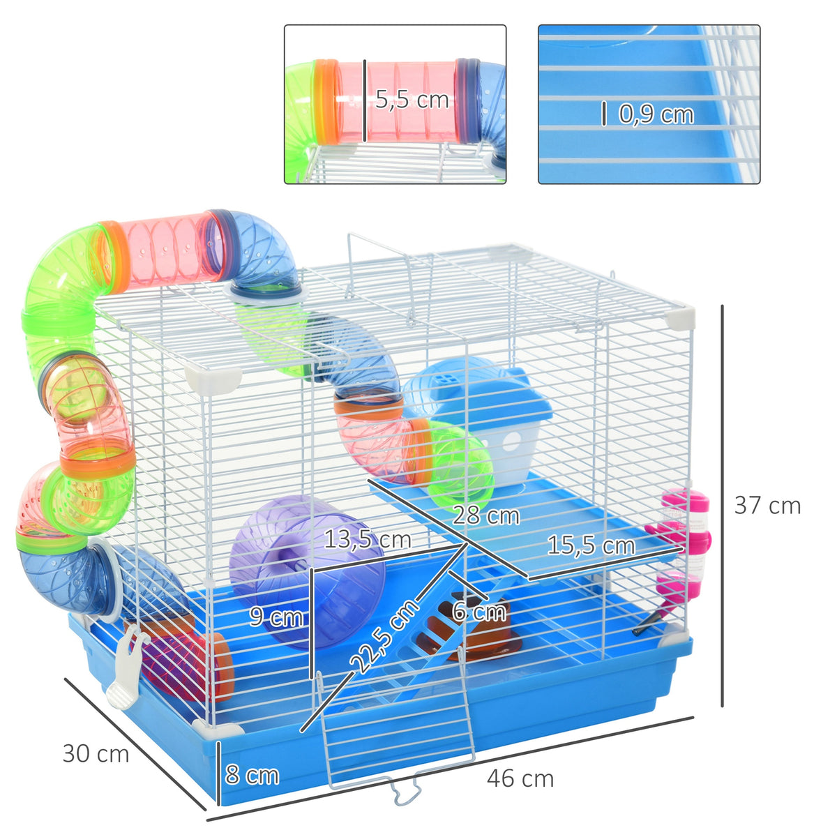 Cage à hamster rongeur 2 niveaux avec tunnel, biberon eau, roue, maisonnette, échelles dim. 46L x 30l x 37H cm, bleu-2