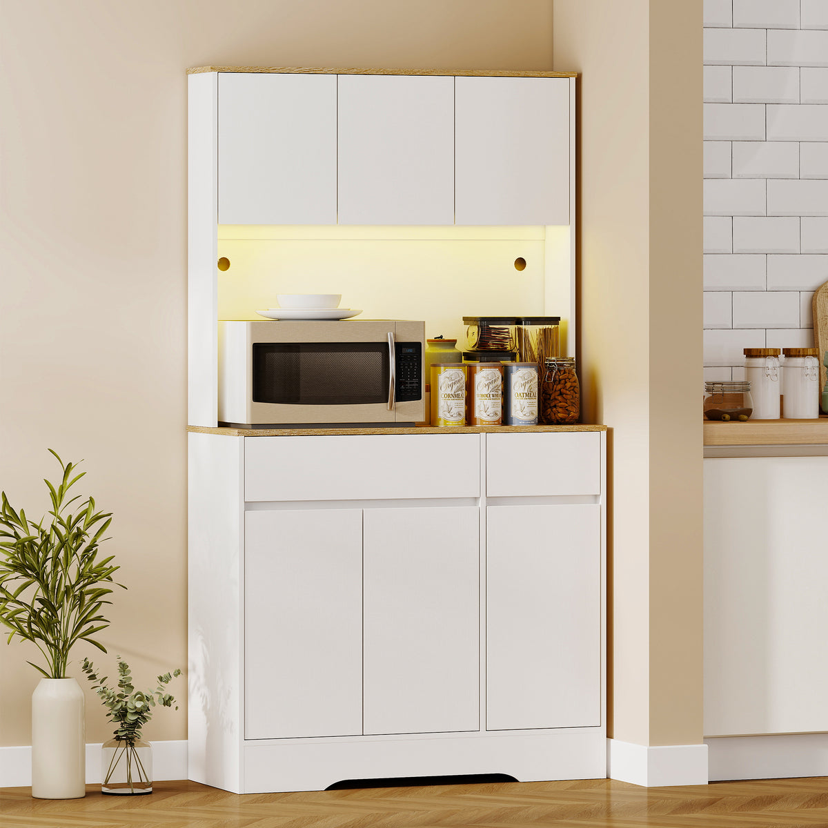 Buffet cuisine meuble cuisine rangement haut avec lumière LED RGB, plan de travail, 6 portes, 2 tiroirs, blanc-1