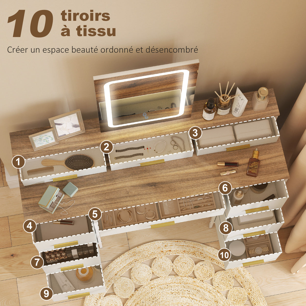Coiffeuse avec miroir et lumières LED 3 couleurs, table de maquillage 10 tiroirs en tissu, 118,5 x 39,5 x 140 cm naturel-4