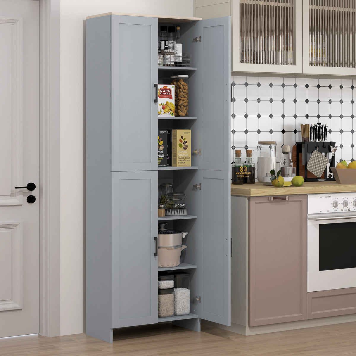 Armoire de cuisine hauteur 170 cm buffet haut avec 4 portes et étagères ajustable, design moderne, gris-1