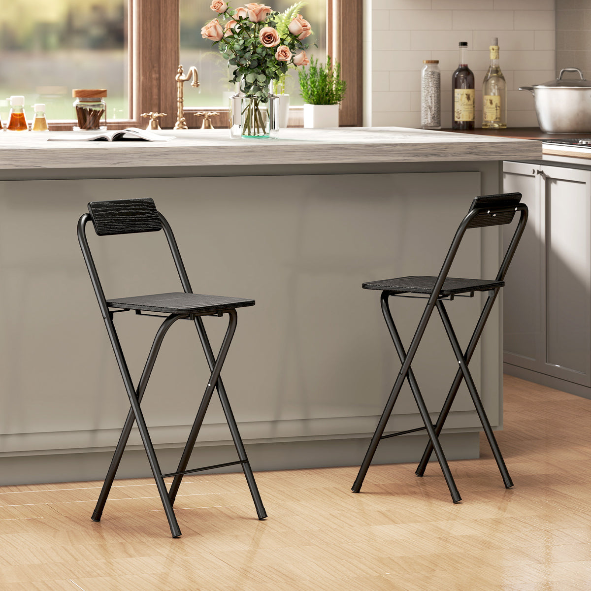 Lot de 2 tabourets de bar pliables avec dossier et repose-pieds, cadre en acier, 87 cm de haut, noir-9