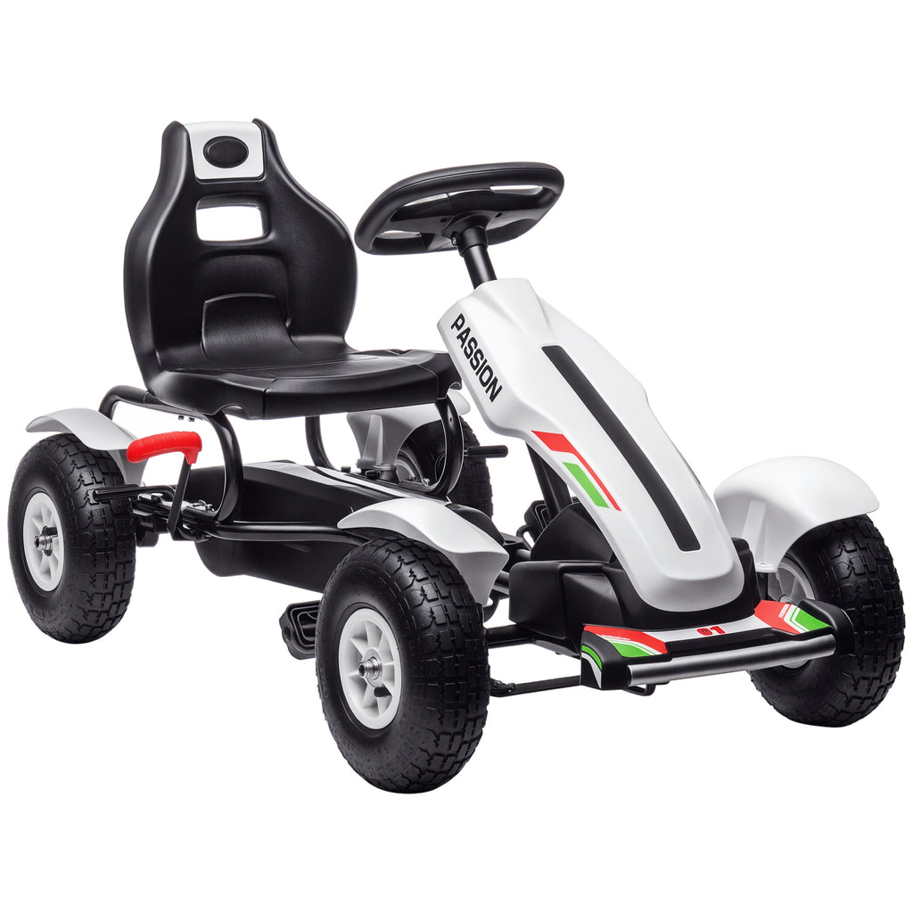 Kart à pédales pour enfant siège réglable 3 positions frein à main enfant de 5 à 12 ans blanc noir-0