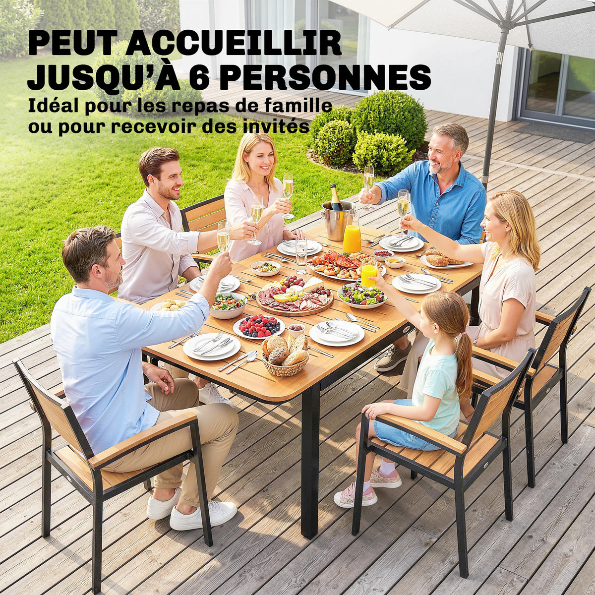 Table de Jardin 6 Personnes Rectangulaire en Bois Composite Cadre en Métal et Plateau à Lattes 127x70cm Marron-3