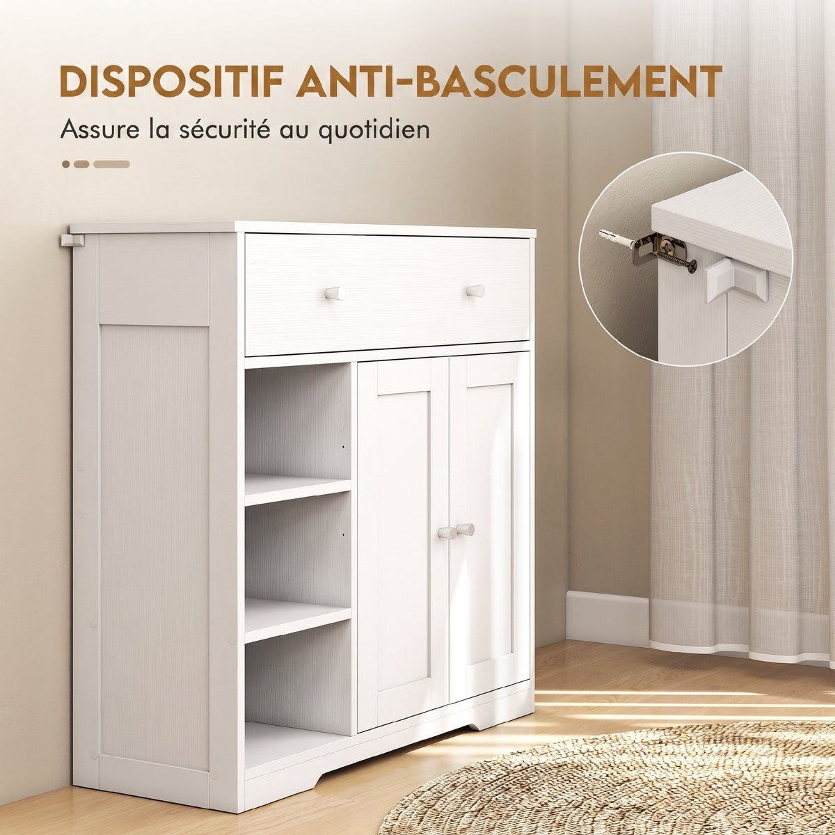 Meuble de Salle de Bain avec 1 Tiroir, 2 Portes, 3 Compartiments Ouverts, Style Scandinave, 80x30x80,2cm, Blanc-4