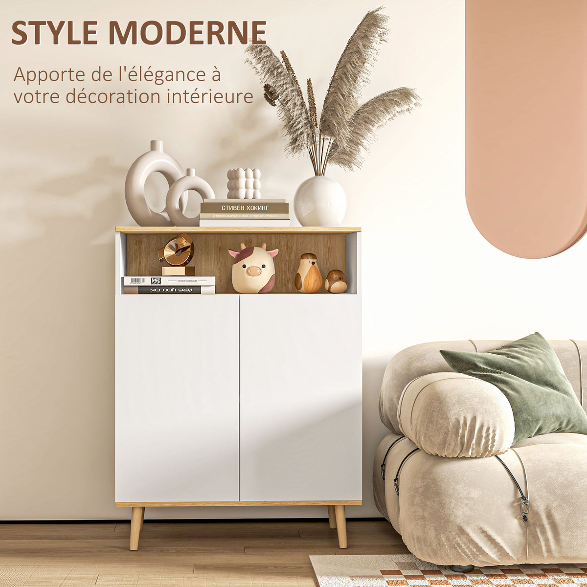Meuble de rangement buffet sur pied scandinave placard 2 portes avec étagère intérieure blanc et aspect bois-3