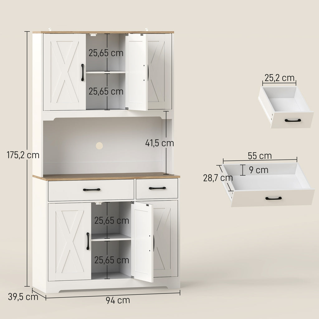 Buffet haut cuisine armoire de cuisine avec 6 portes 2 tiroirs plan de travail étagères réglables 94x39,5x175,2cm blanc-2