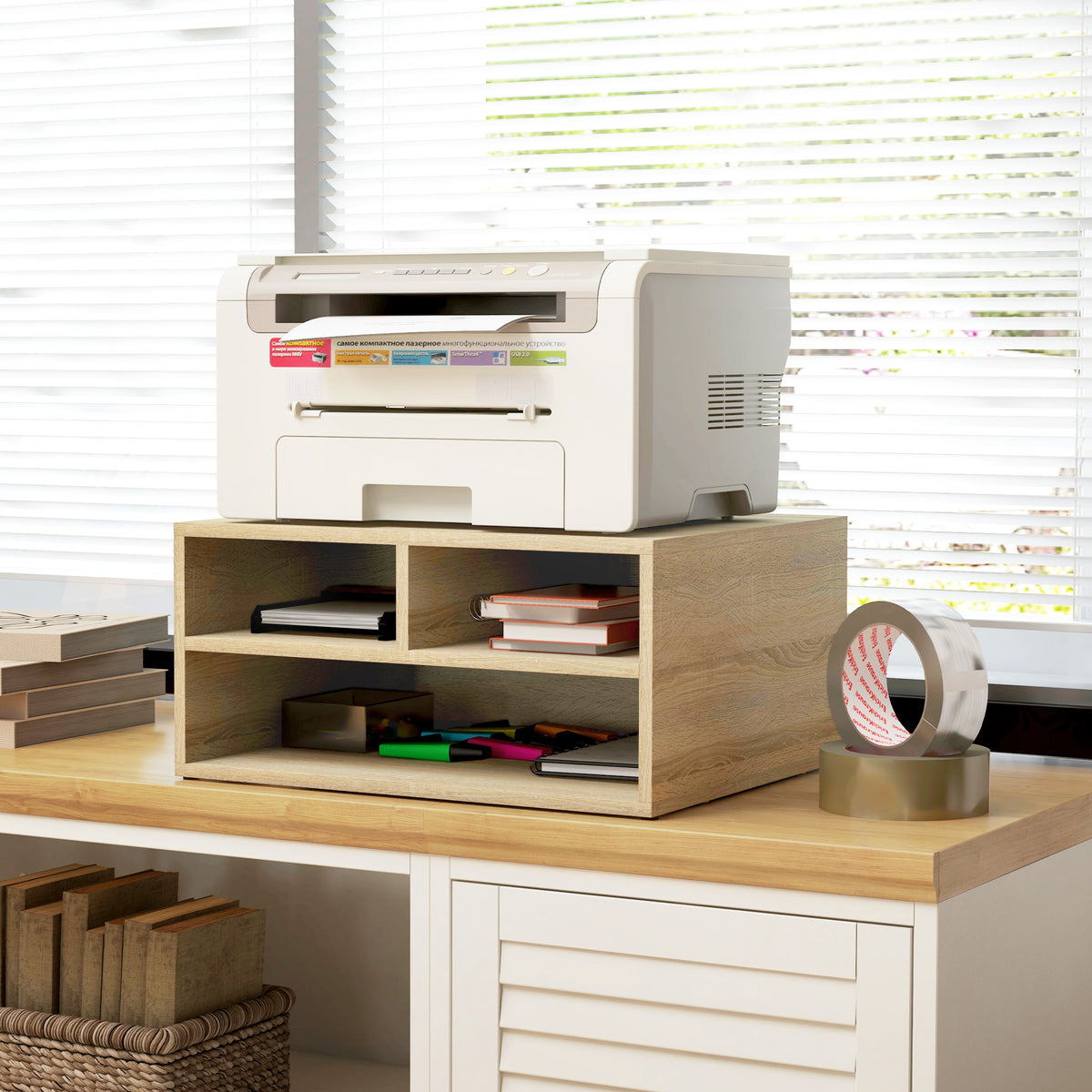 Organiseur bureau aspect bois avec 3 compartiments fournitures support d'imprimante dim. 47L x 40l x 22,5H cm-6