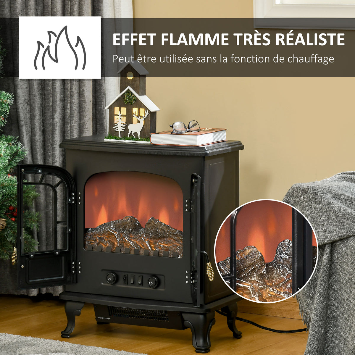 Cheminée électrique poêle Style néo-rétro 2 Portes Verre trempé 1000/2000 W LED luminosité Acier ABS Noir-3